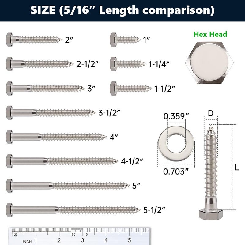 RoyceMart 12-Sets 5/16 x 2 Hex Head Lag Screws & Flat Washers, Heavy Duty Lag Wood Screws, 304 Stainless Steel (18-8), 5/16" Bolt - Image 4